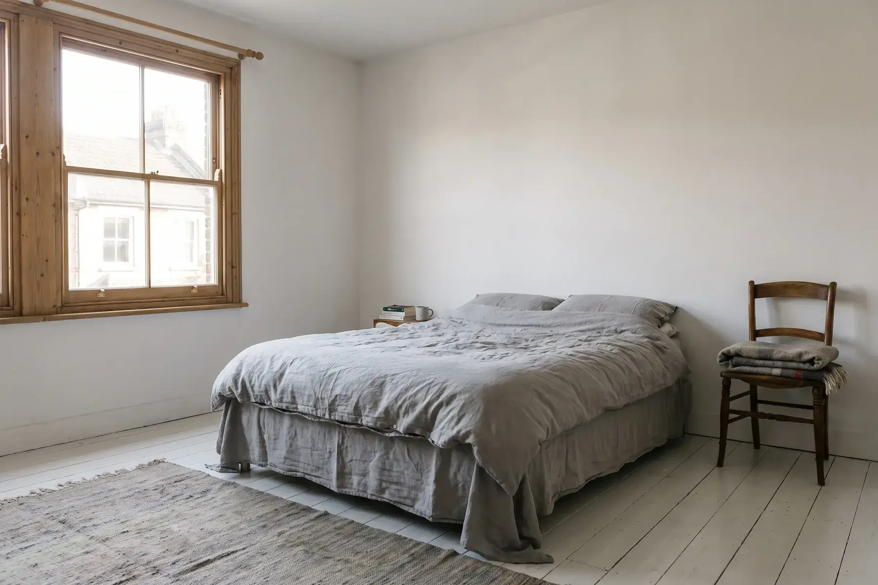 Rustige slaapkamer in een jaren 30 woning met een glad wit plafond en ochtendlicht