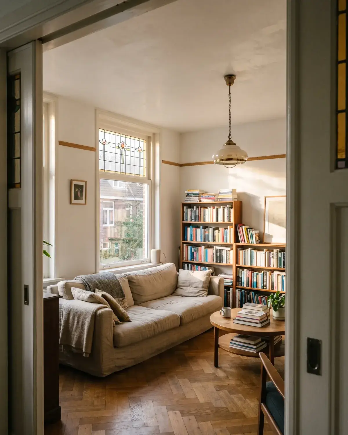 Woonkamer in een jaren 30 woning met een glad wit plafond, glas-in-lood en een visgraatvloer