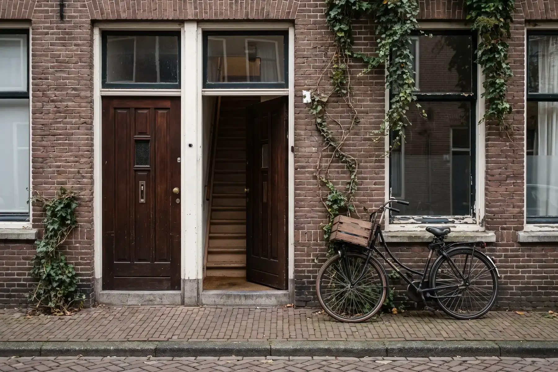 Gevel van een stadswoning met een boven- en een benedenwoning en twee voordeuren naast elkaar