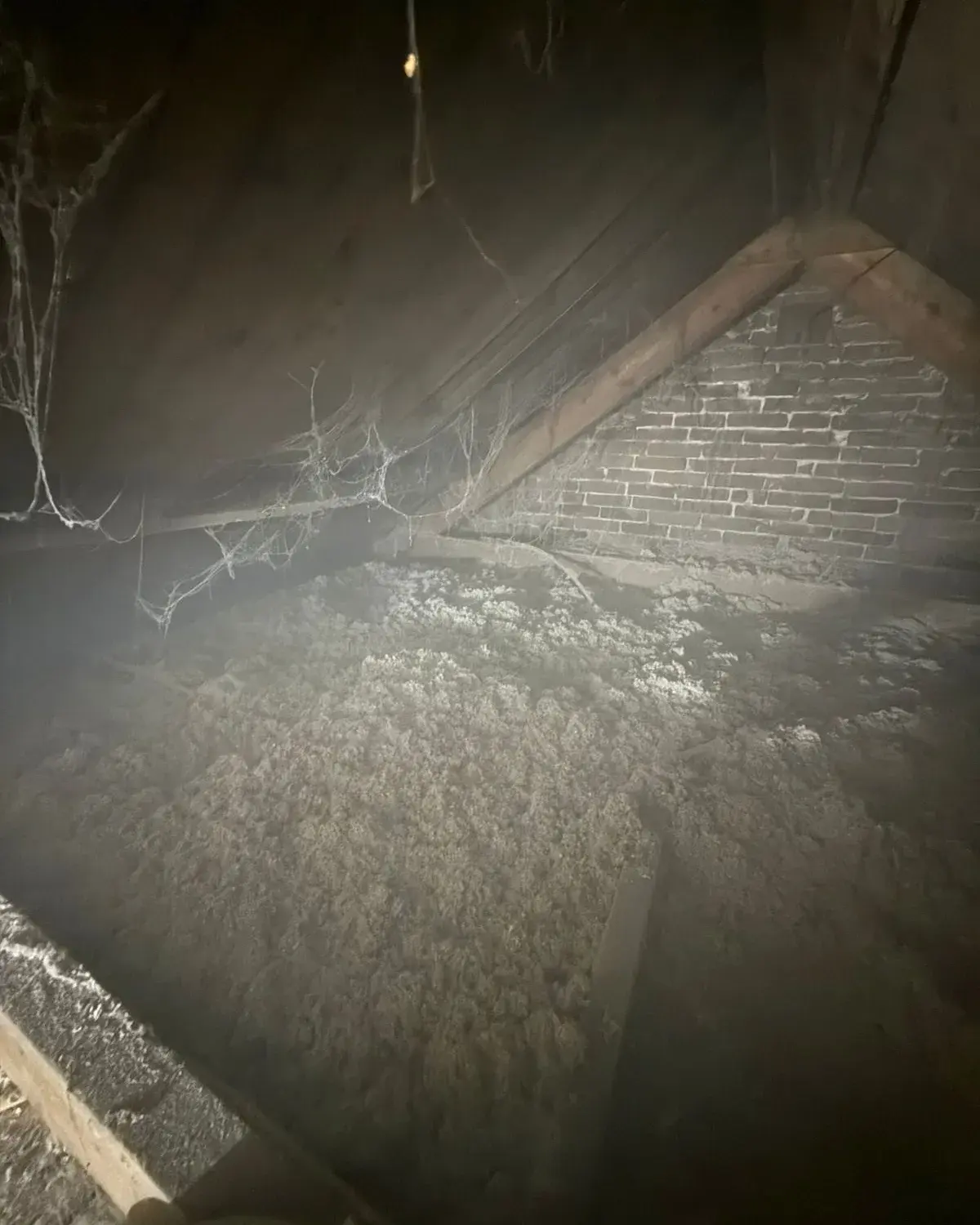 Cellulose wordt met een slang tussen de houten balken geblazen