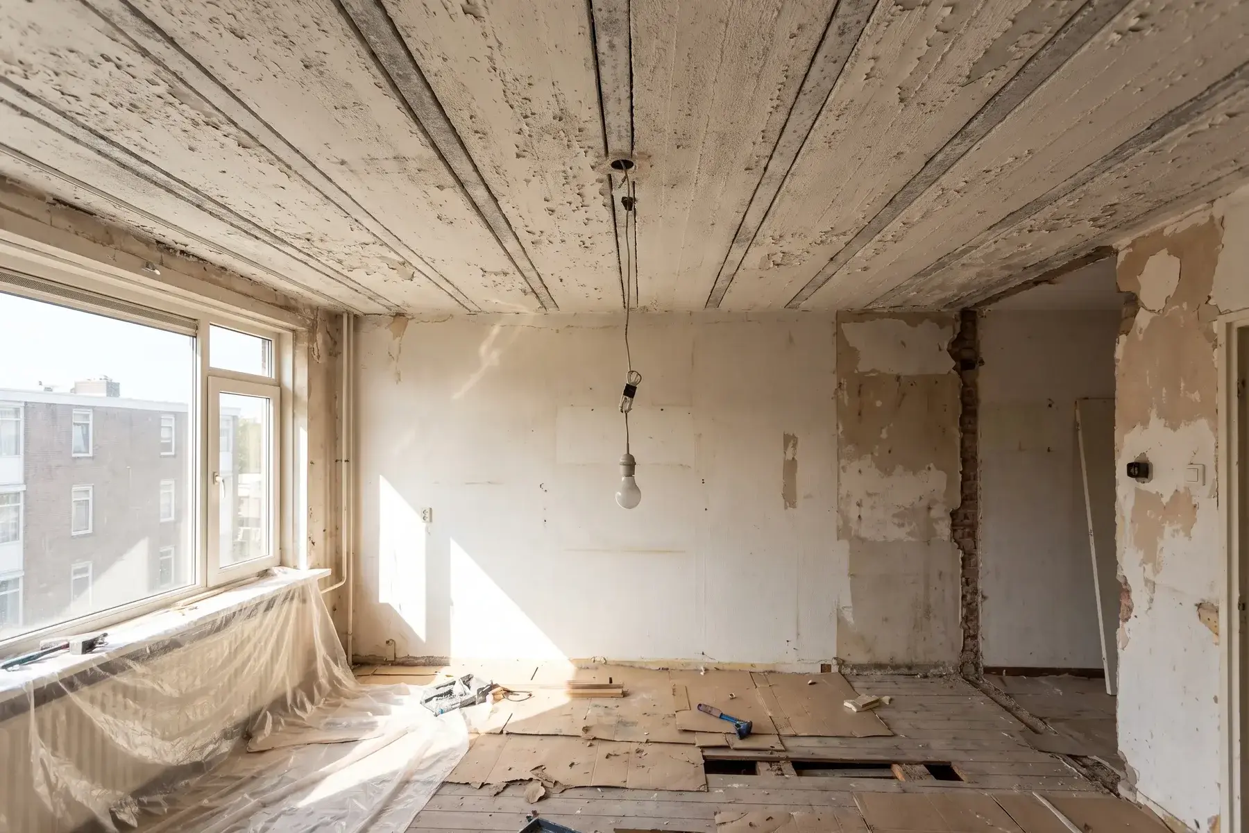Kaal betonnen plafond van kanaalplaten met zichtbare naden in een leeggehaalde flat