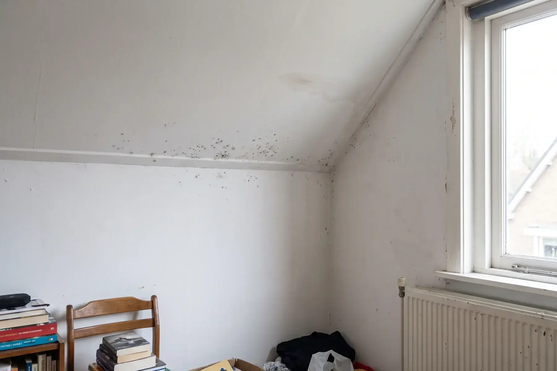 Hoek van een slaapkamerplafond tegen de buitenmuur met kleine grijze schimmelvlekken