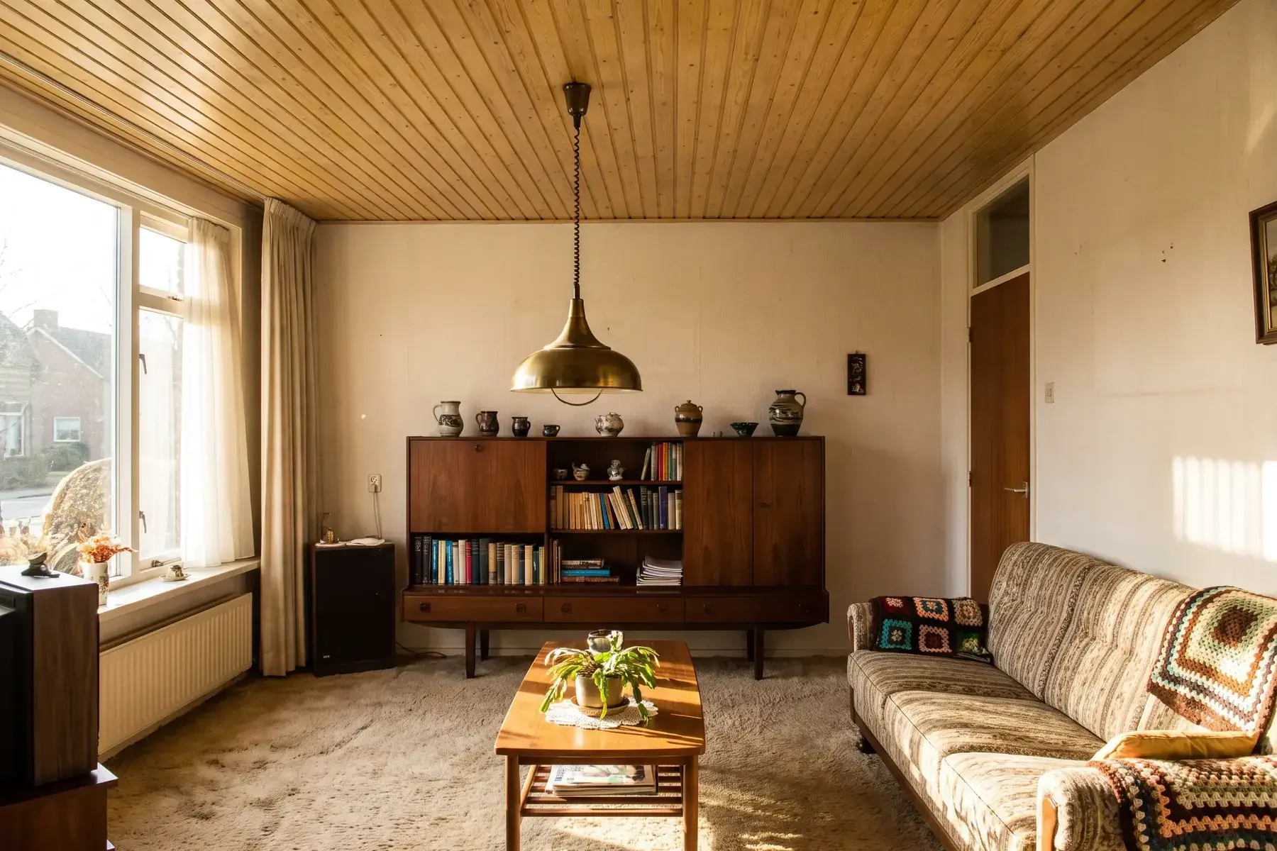 Woonkamer uit de jaren zeventig met een plafond van gelakte grenen schrootjes